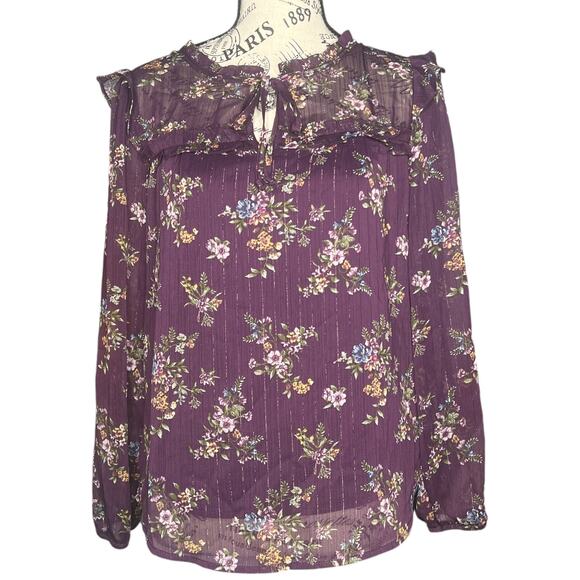 Fortune + Ivy PETITE SMALL Metallic Ruffle Tie Neck Sheer Arm Long Sleeve Blouse - Picture 1 of 14